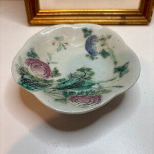 Antique Chinese Footed Dish w/ Flowers Bird Unmarked Sold As Is About 4.5” Width